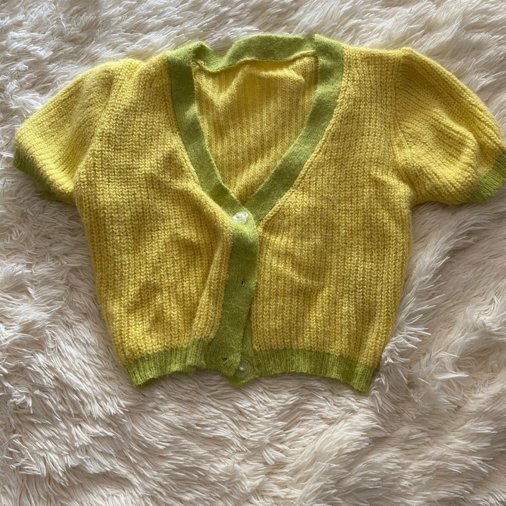 yellow and green crochet crop top button down. 14” length 15” bust